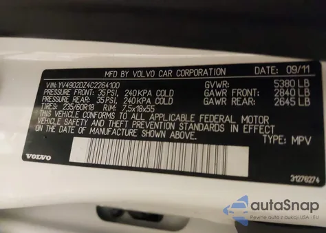 2012 Volvo Xc60 T6 R-Design Platinum z USA, uszkodzony, nr VIN YV4902DZ4C2264100